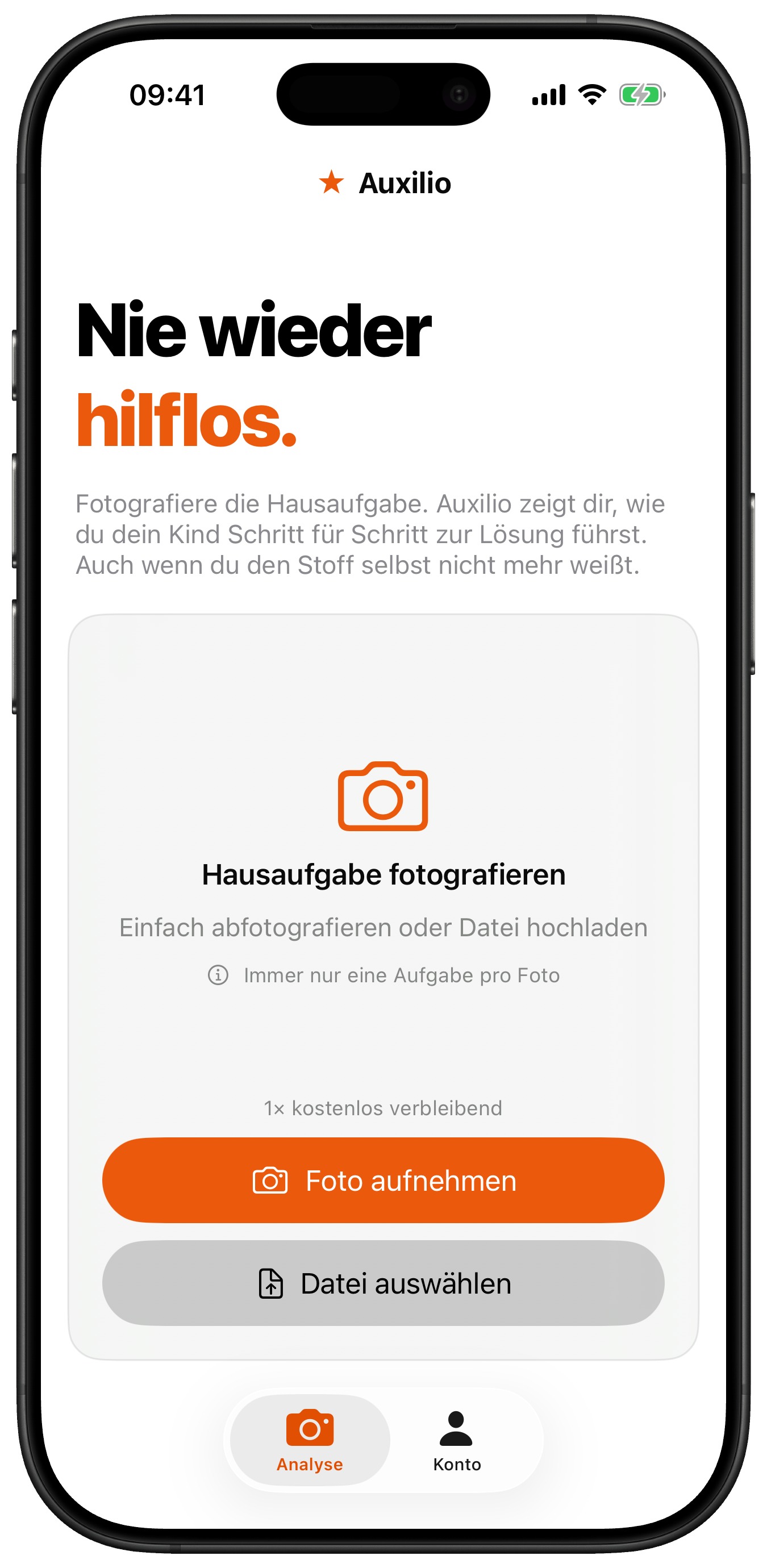 Auxilio Startbildschirm: Foto aufnehmen