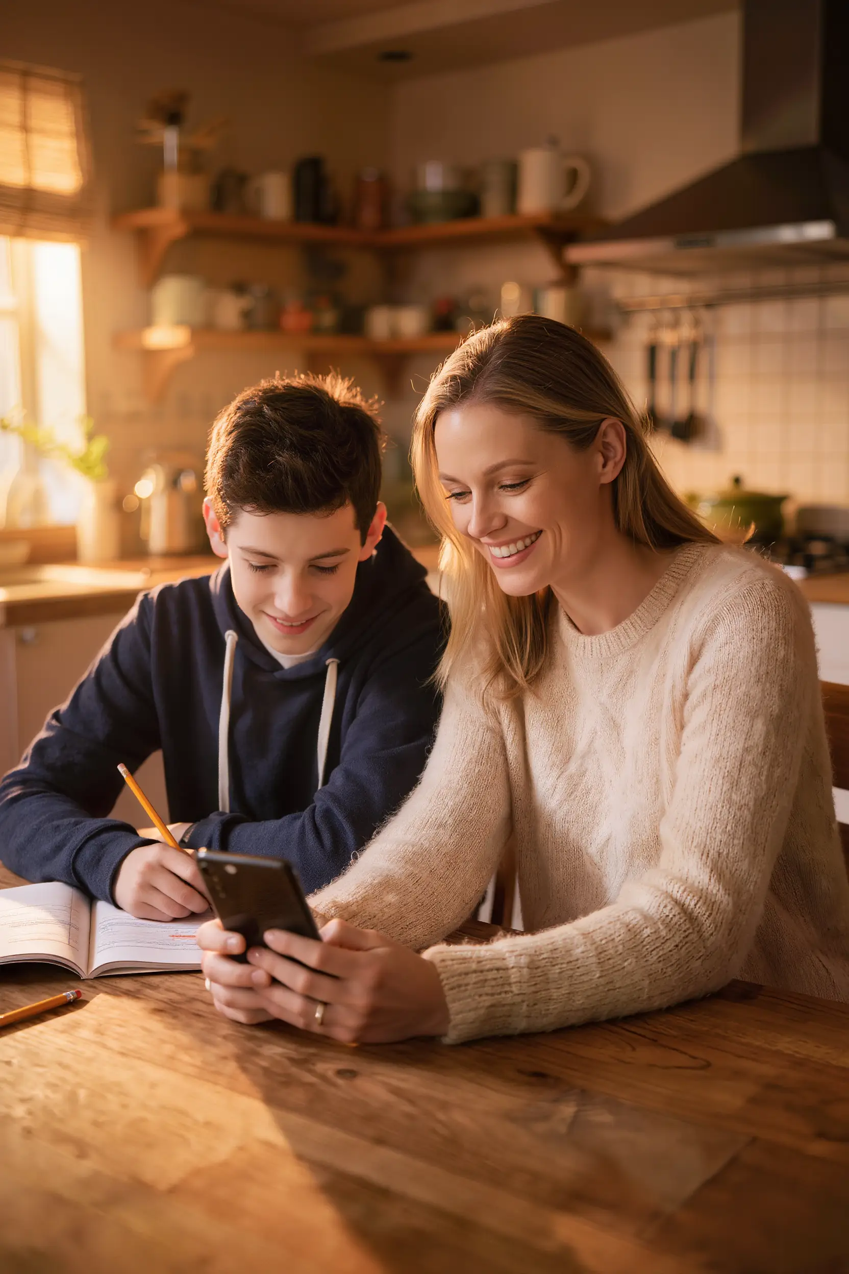 Mutter und Kind lösen gemeinsam Hausaufgaben mit Auxilio